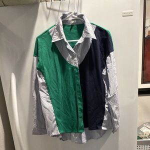 Joh. Colorblock Button-Up Shirt M Long Sleeve Spread Collar Green Navy White